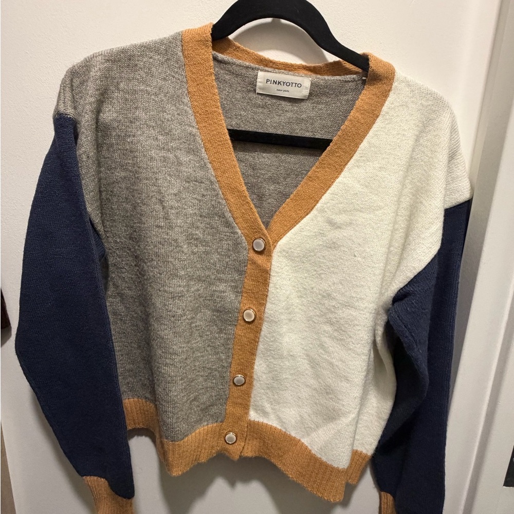 Pinkyotto Women's Multicolor Cardigan Sweater - Navy, Gray, White, and Tan